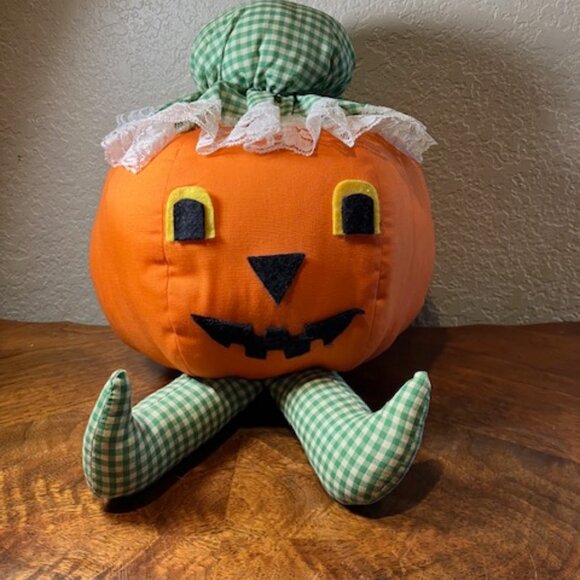 Handmade Pumpkin Jack-O-Lantern Plush Doll 9"H x 14"‎ D - Picture 1 of 5